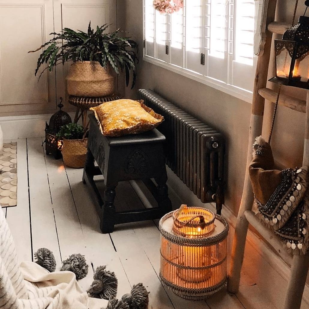 Raw metal Milano Windsor radiator in a boho bedroom