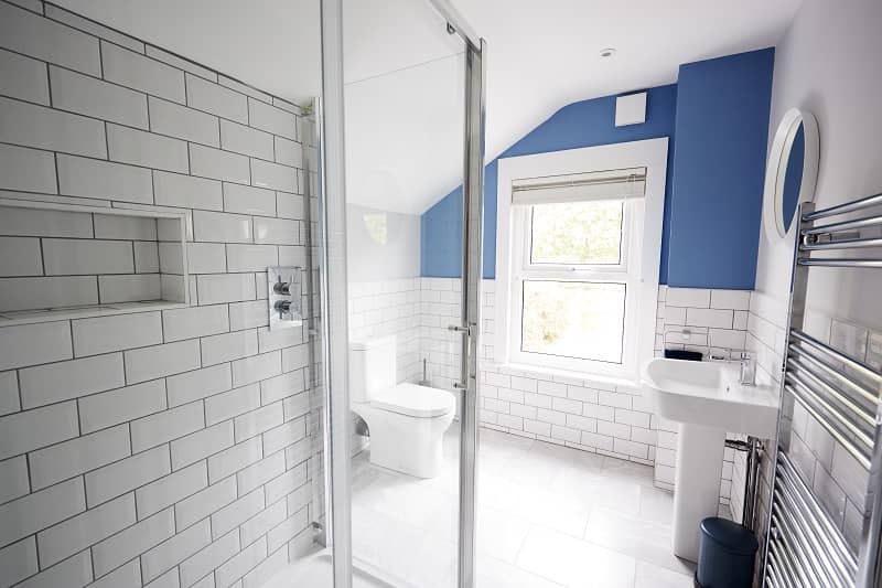 Domestic bathroom seen from a shower cubicle