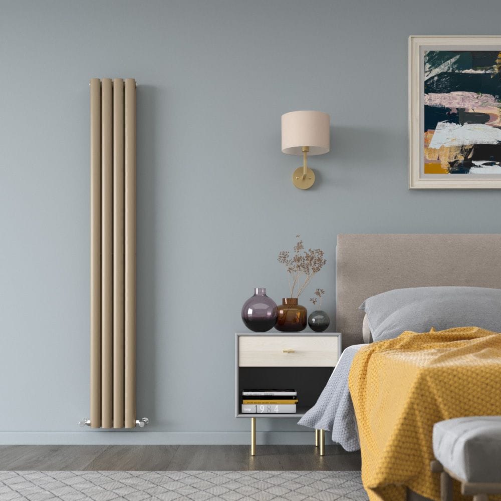 Milano Aruba elk brown vertical designer radiator on light blue wall in modern bedroom interior near bedside table with vases beneath a light fitting and a bed beneath artwork
