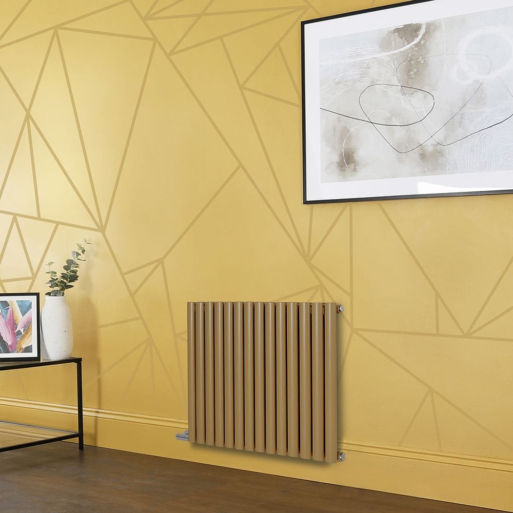 Milano Aruba electric autumn yellow horizontal designer radiator on yellow wall nearby small table with vase and artwork and below large framed artwork