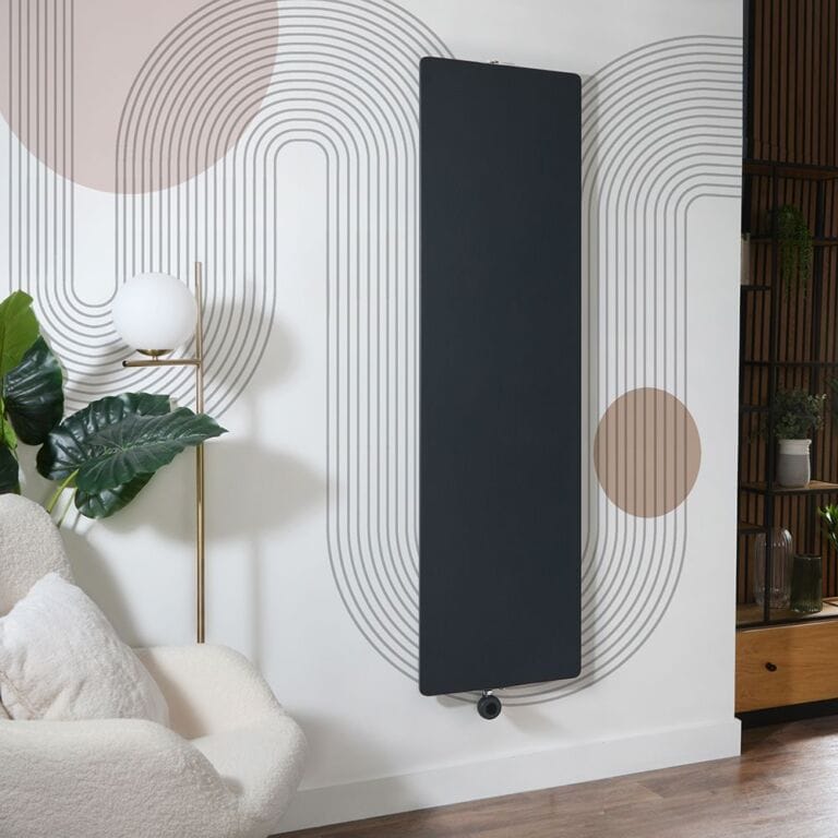 Milano x ECOSO Ria wifi electric flat panel vertical designer radiator on decorative mainly white wall in modern interior