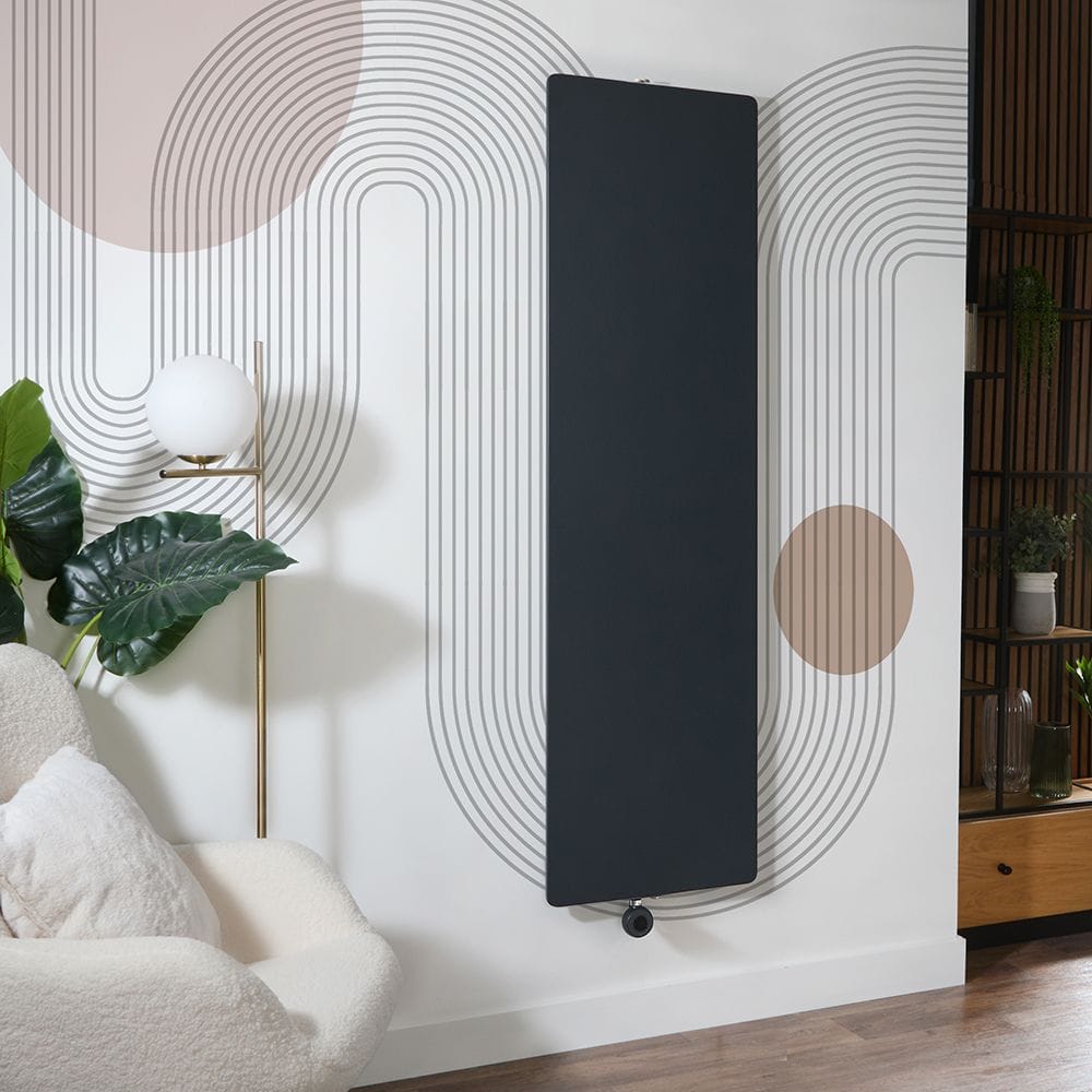 Milano x ECOSO Ria wifi electric flat panel vertical designer radiator on decorative mainly white wall in modern interior