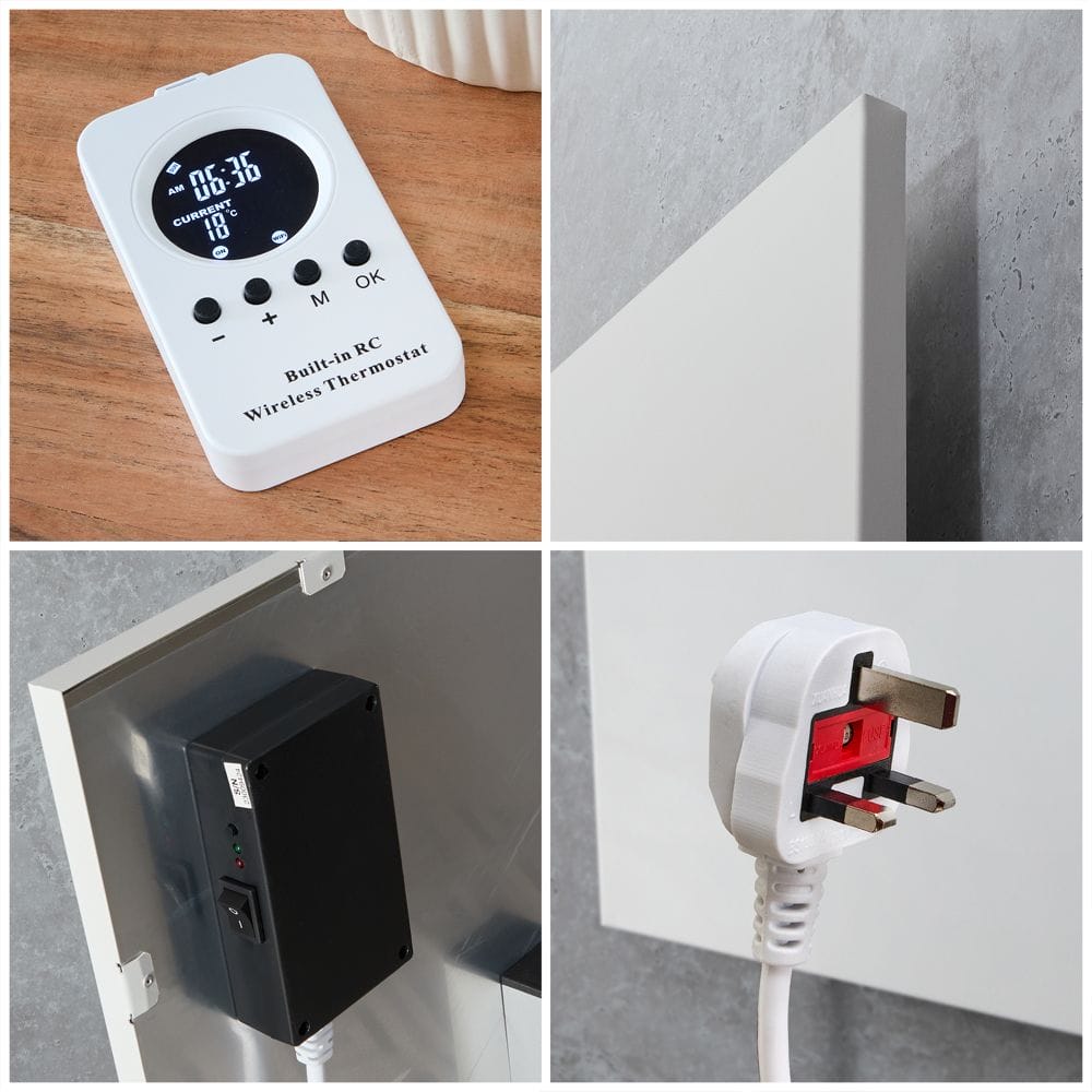 ECOSO Far white frameless plug-in smart electric infrared panel heater plug, thermostat, radiator close up ECOSO Far white frameless plug-in smart electric infrared panel heater plug, thermostat, radiator close up