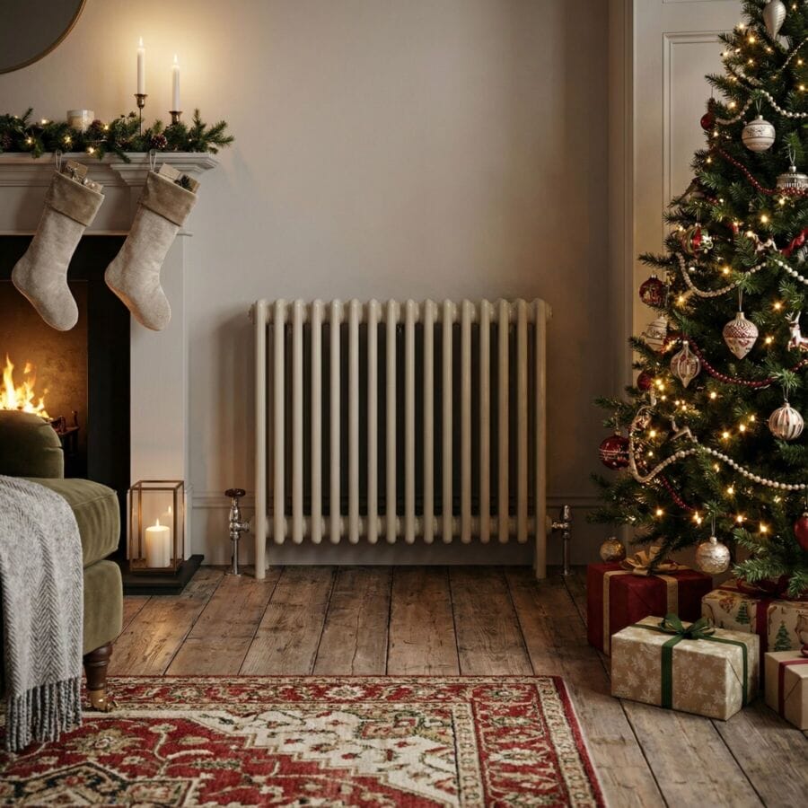 A column radiator in a christmas setting next to a tree