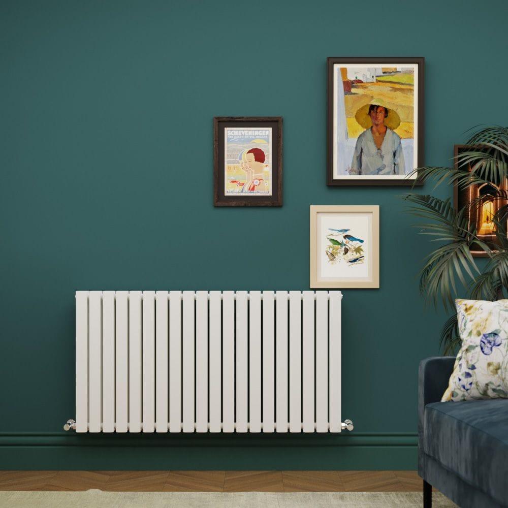 Milano Capri white horizontal flat panel designer radiator on green wall beneath artwork
