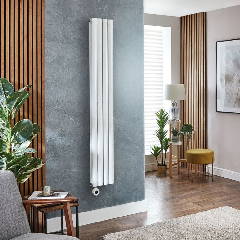 Milano x ECOSO Aruba electric white vertical designer radiator on light blue wall nearby wood panelling in modern interior