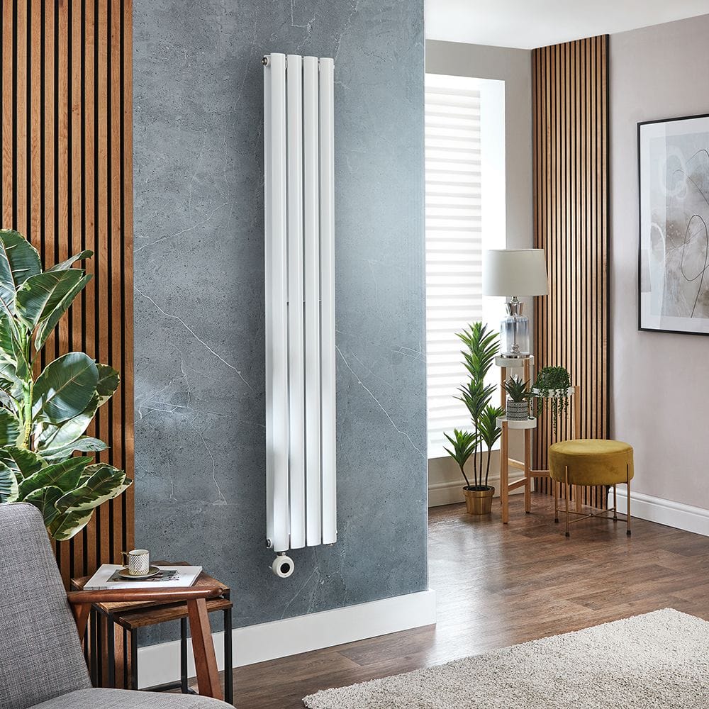 Milano x ECOSO Aruba electric white vertical designer radiator on light blue wall nearby wood panelling in modern interior
