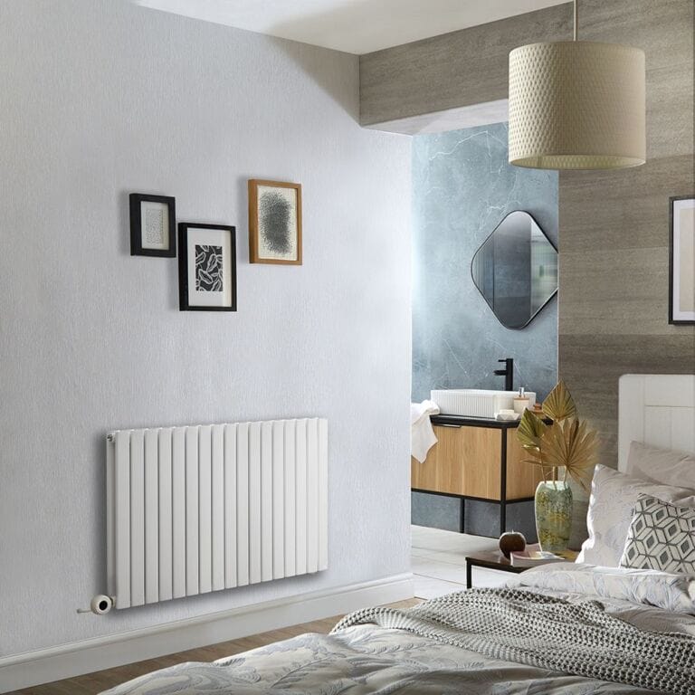 Milano x ECOSO Capri electric white horizontal designer radiator on white wall beneath artwork
