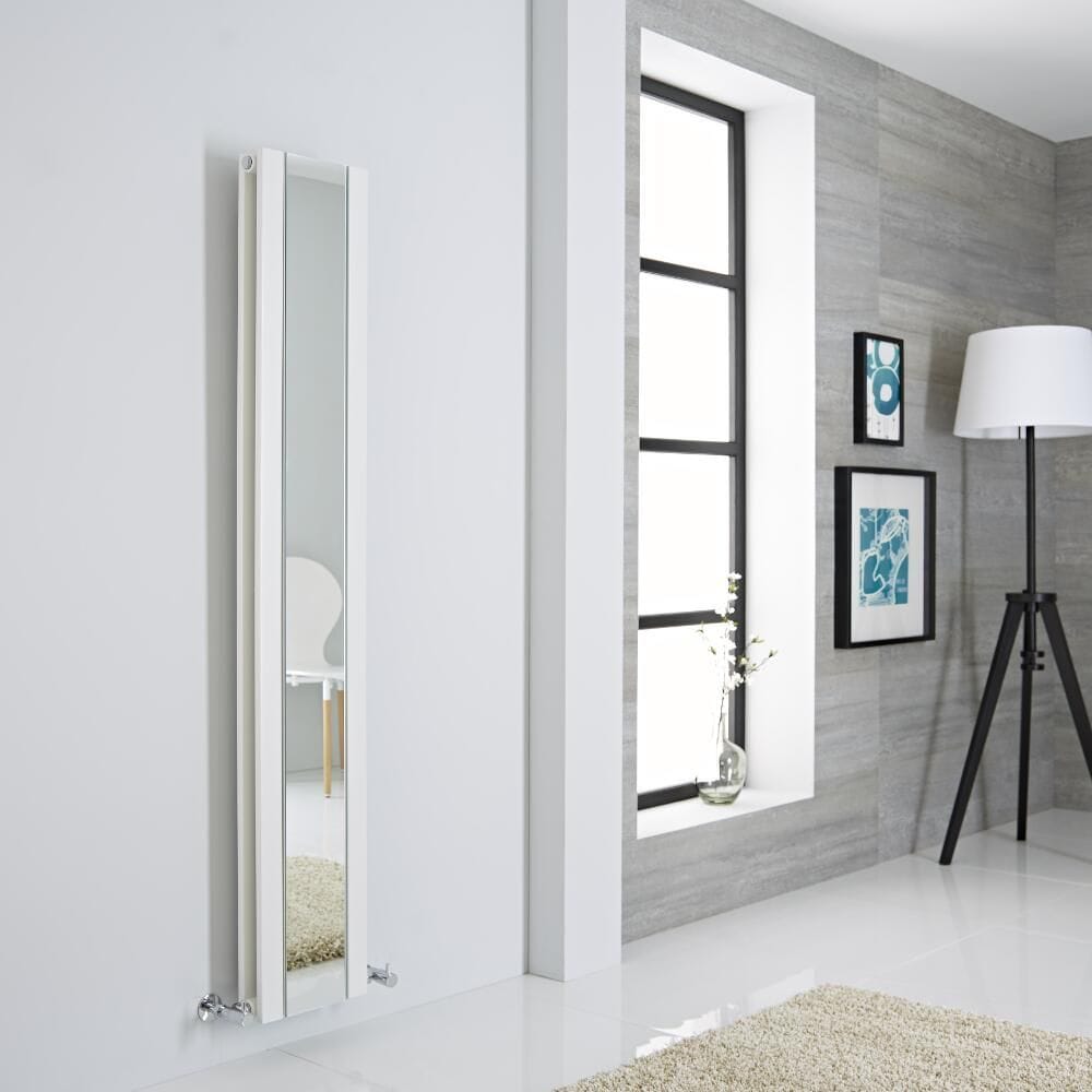 Milano Icon white vertical mirrored designer radiator on a white wall in modern interior setting