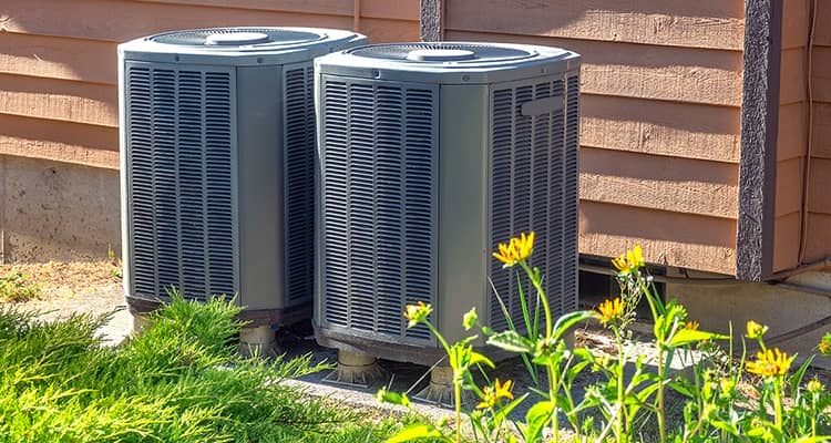 Air source heat pump pair Pair of grey air source heat pumps