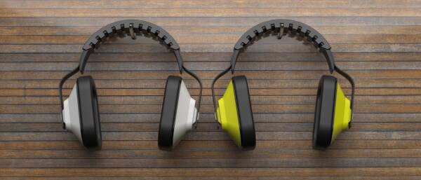 Ear defenders on wooden background Pair of ear protection earmuffs on wooden background