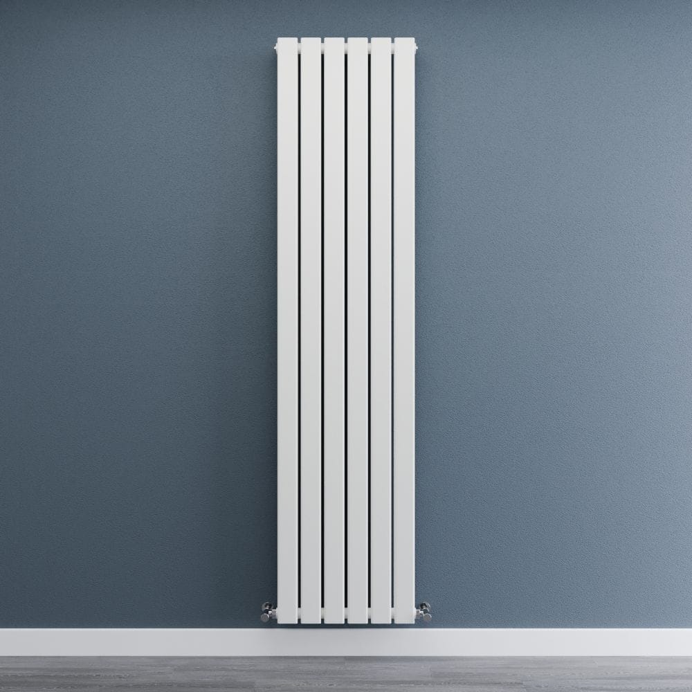 Sterling Arlie white vertical flat panel designer radiator on grey/blue wall