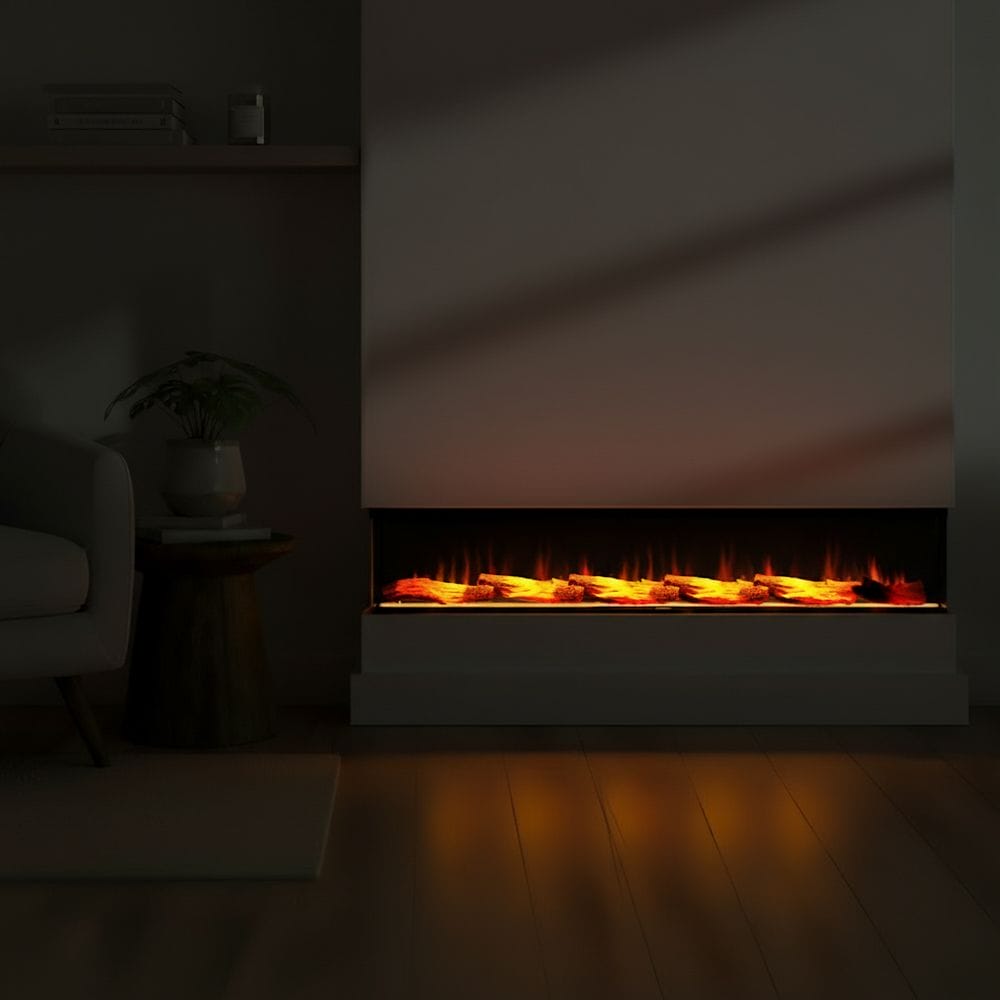 ECOSO Luxe modern black electric fire media wall in dark room nearby small table with houseplant beneath shelving