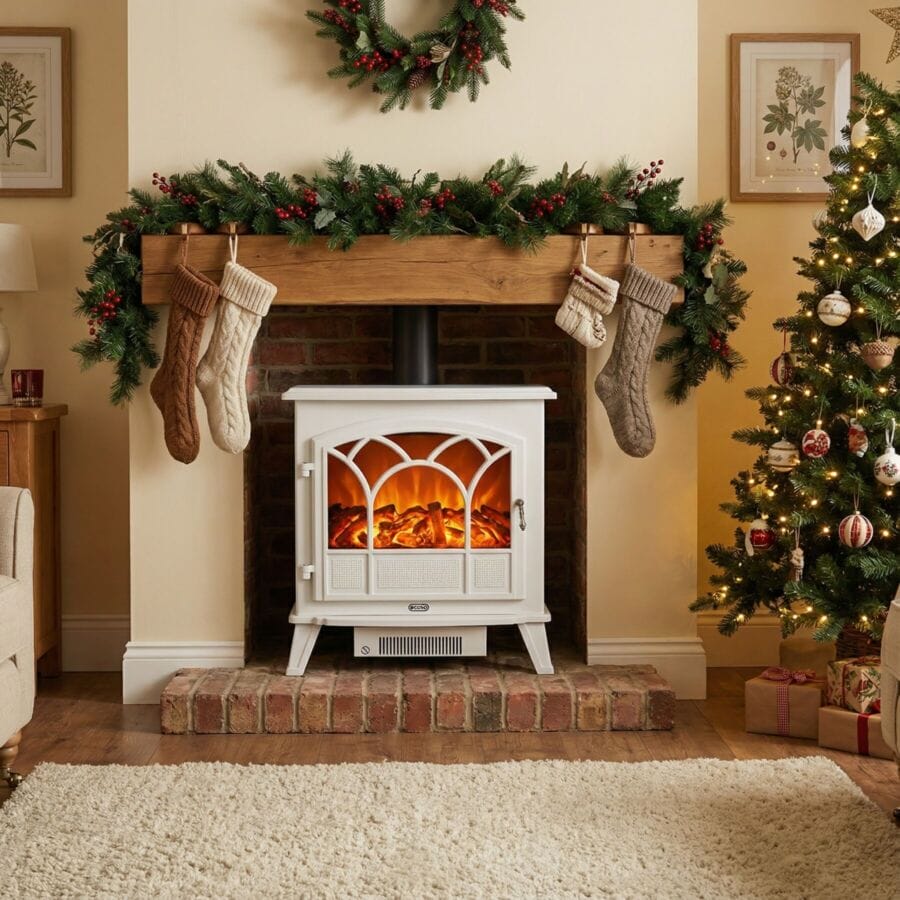 an electric ecoso fire in a christmas hearth scene