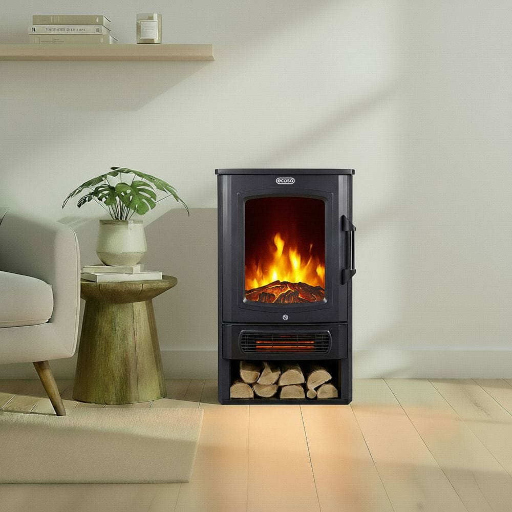 ECOSO Firenze modern black electric stove nearby houseplant on small table beneath shelf with books and candle