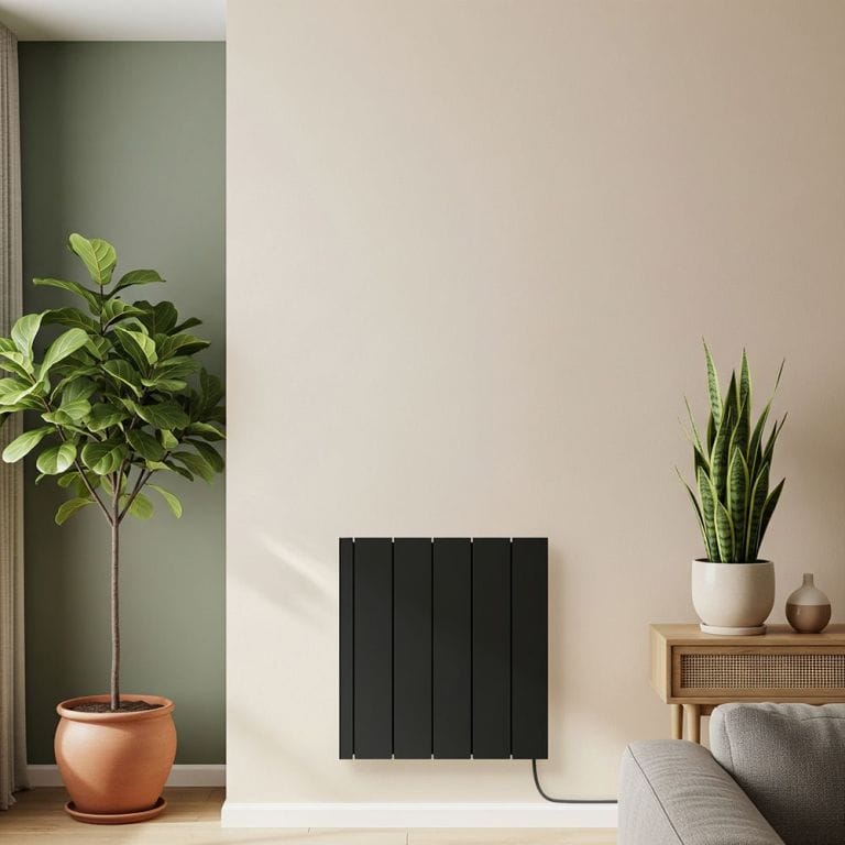 ECOSO Leo black ceramic core smart electric heater on light wall nearby large and small houseplants and light settee