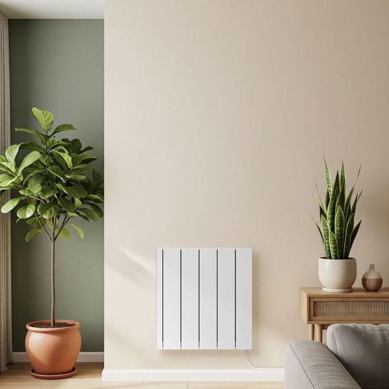 ECOSO Leo white ceramic core smart electric heater on light wall nearby large and small houseplants