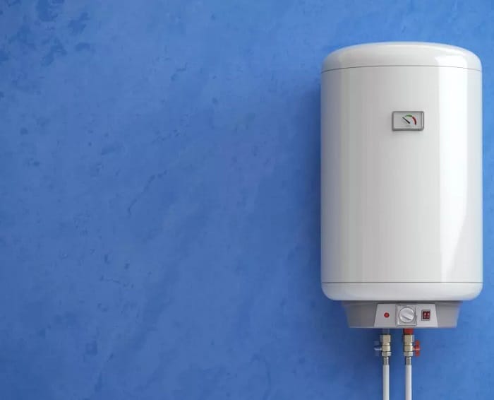 White central heating boiler White central heating boiler with dial and digital display on blue background