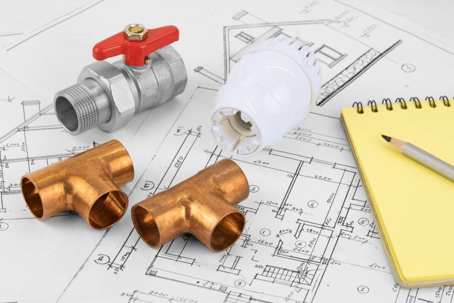 Different types of radiator valves on a house blueprint with notebook and pencil