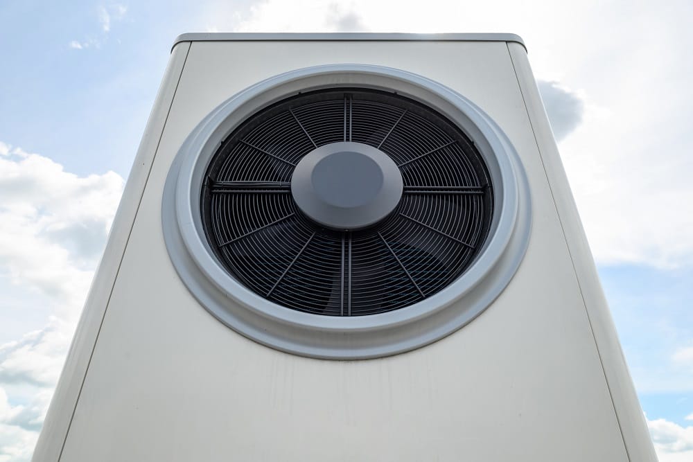 Close uip image of a white heat pump system