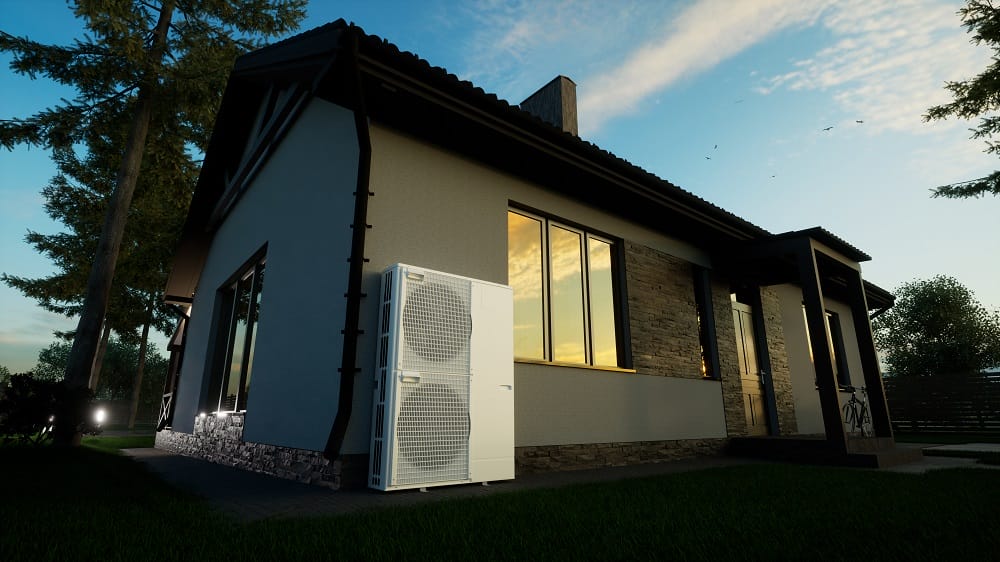 Air source heat pump installed outside dimly lit modern home