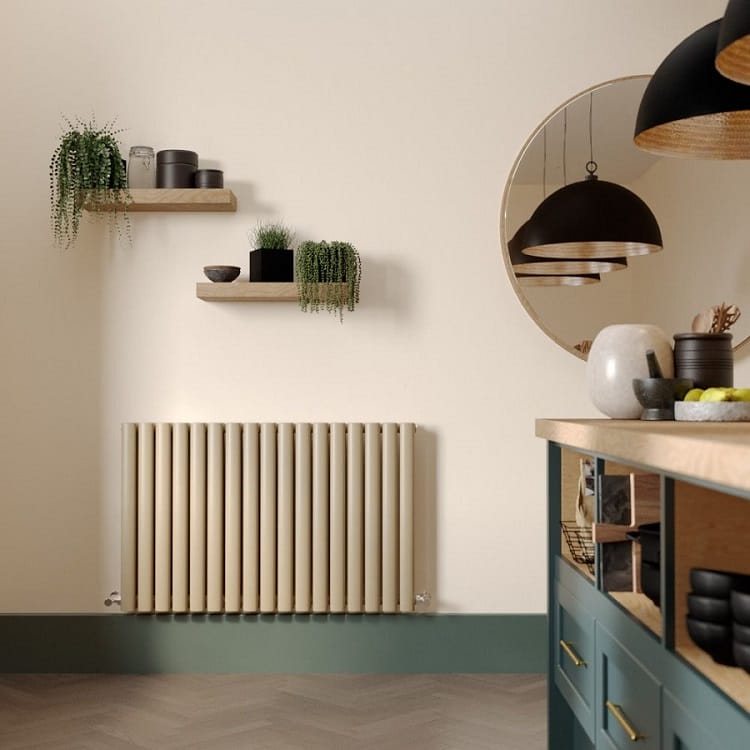 a stylish cream coloured radiator in a modern kitchen space a stylish cream coloured radiator in a modern kitchen space