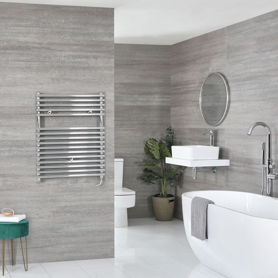 Milano Arno electric chrome bar on bar electric heated towel rail in modern bathroom Milano Arno electric chrome bar on bar electric heated towel rail in modern bathroom