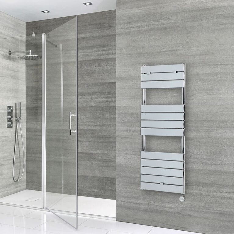 Milano x ECOSO Lustro electric heated towel rail on grey background nearby modern shower enclosure