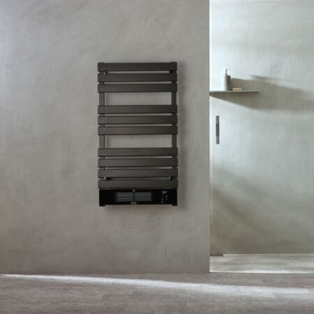 ECOSO Linus black smart electric heated towel rail on grey wall
