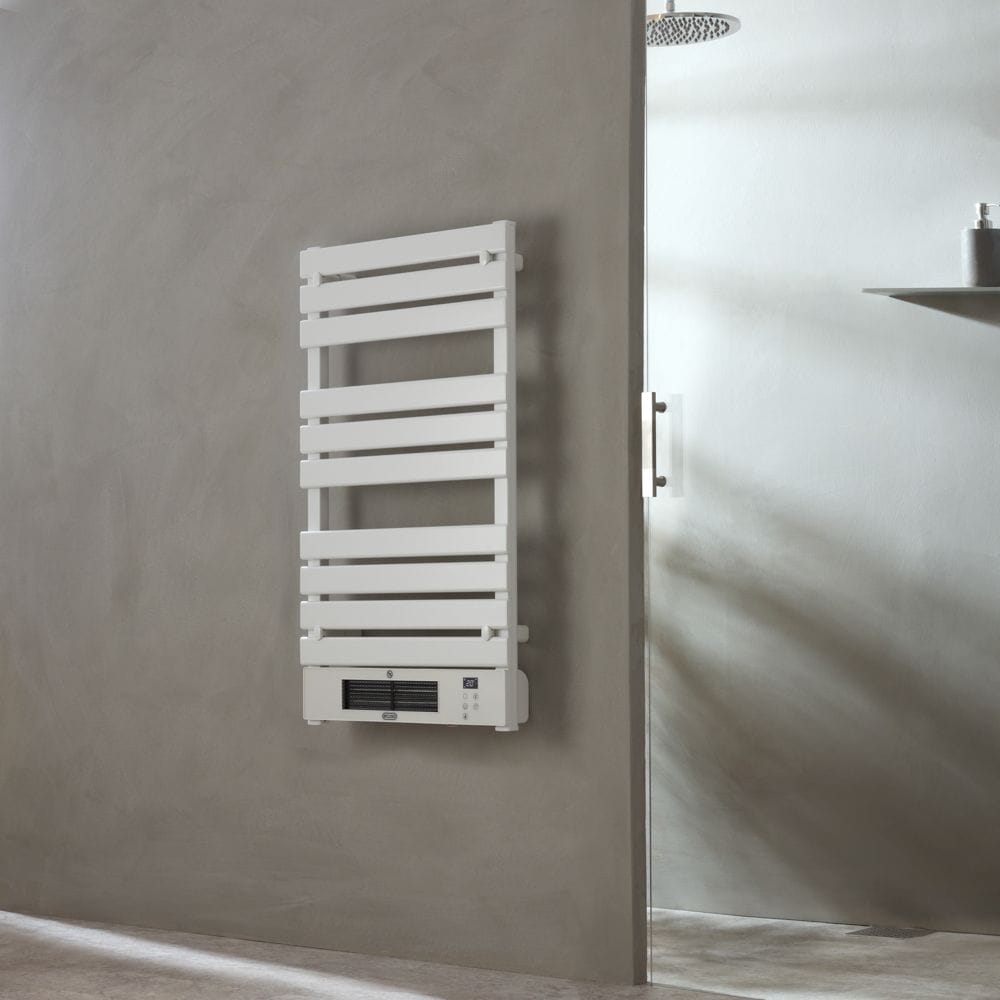 ECOSO Linus white smart electric heated towel rail with fan ECOSO Linus white smart electric heated towel rail with fan on beige background in modern bathroom