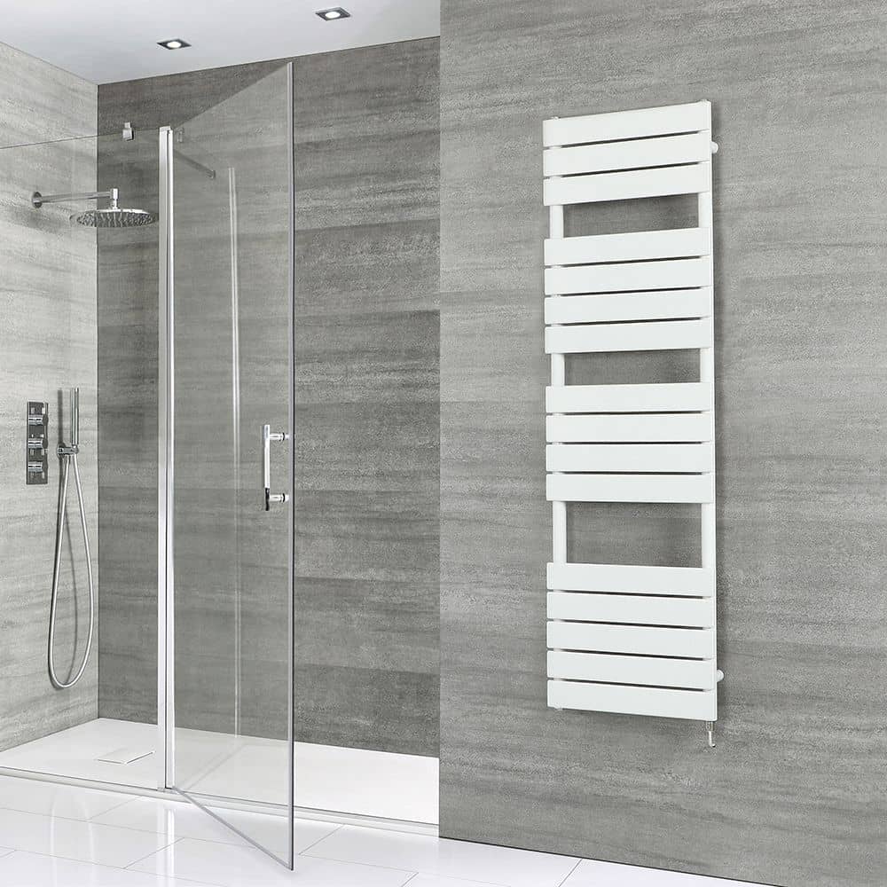 Milano Lustro electric white designer flat panel heated towel rail in a grey shower room