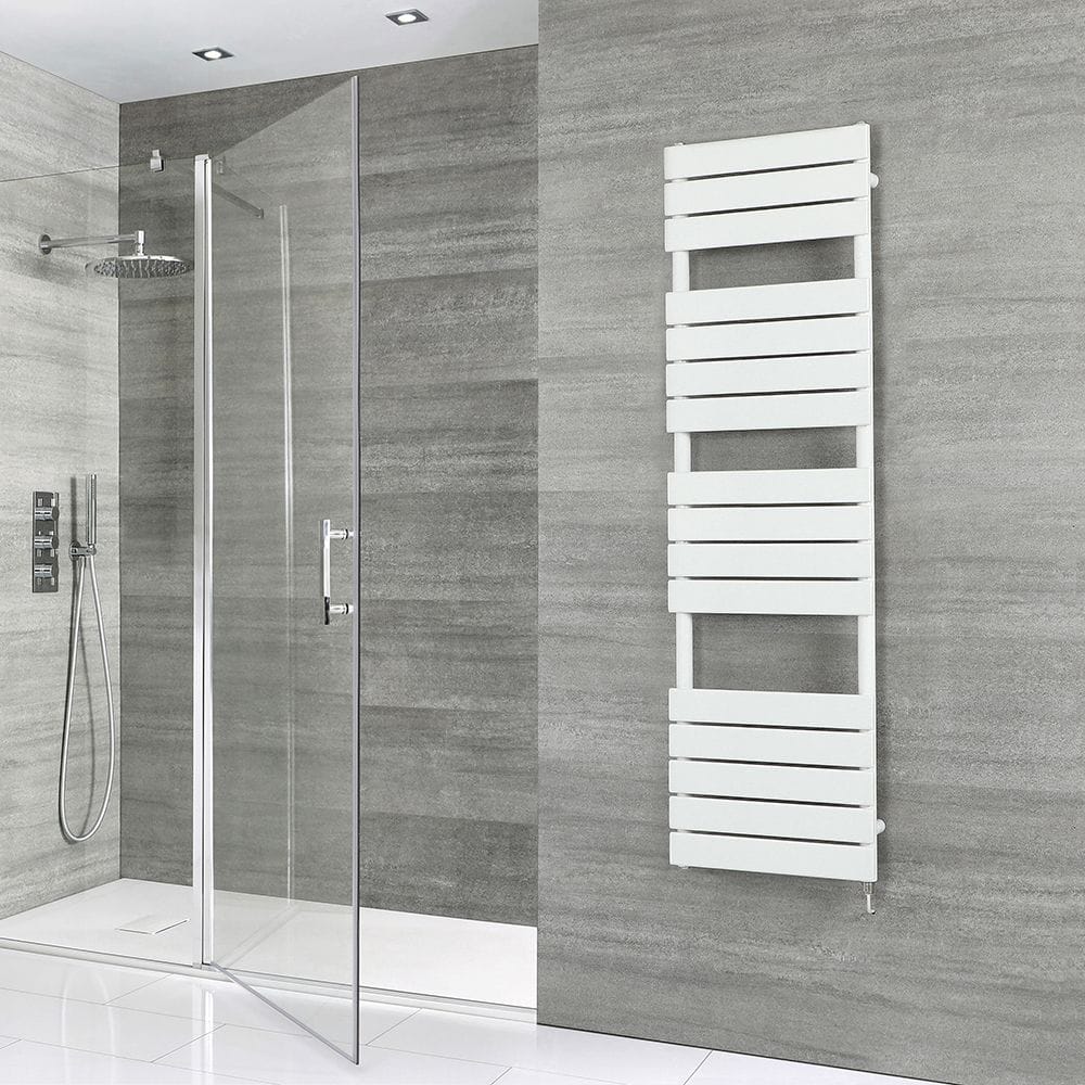 Milano Lustro electric white designer flat panel heated towel rail in a grey shower room Milano Lustro electric white designer flat panel heated towel rail in a grey shower room
