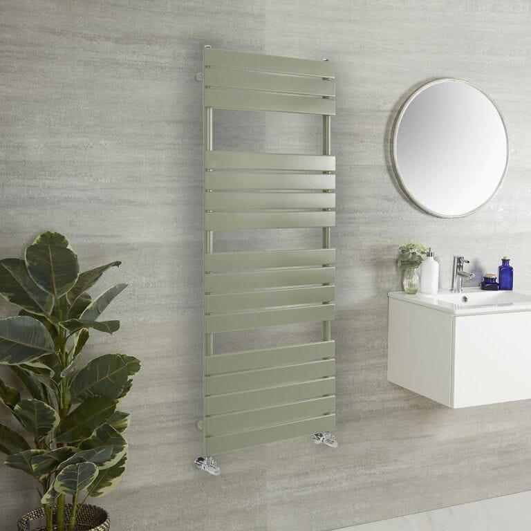 Milano Lustro designer sage leaf green heated towel rail on neutral wall in modern bathroom setting