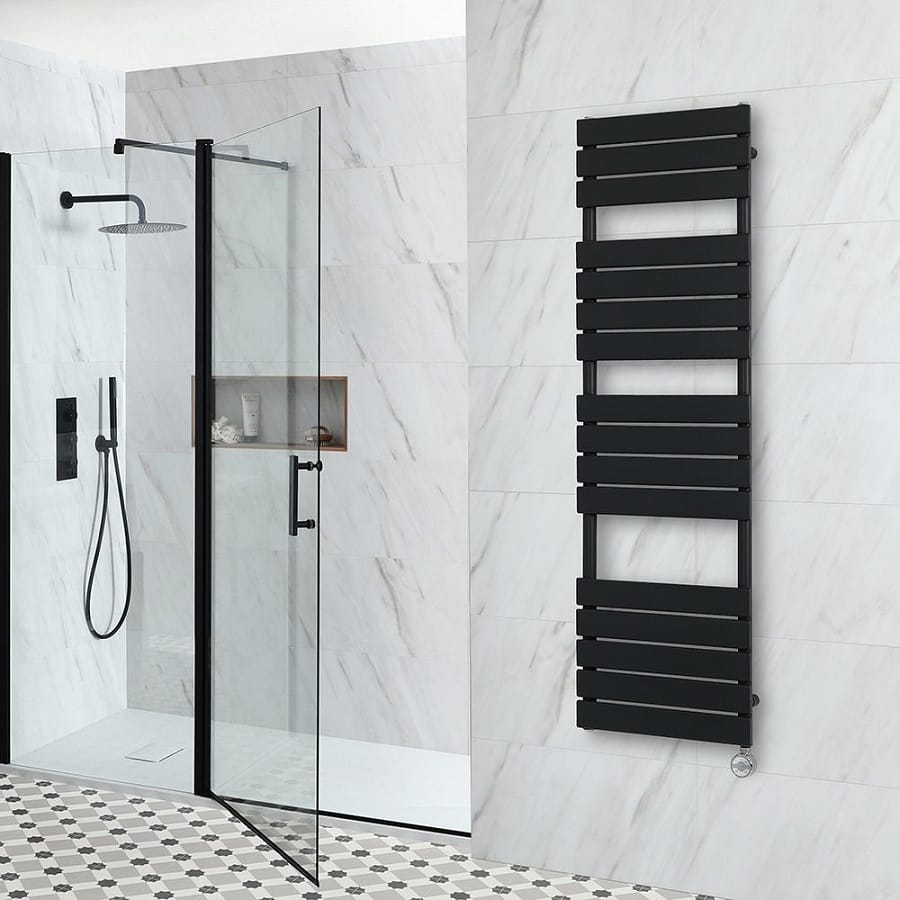 Milano Lustro electric black flat panel designer electric towel rail in modern bathroom Milano Lustro electric black flat panel designer electric towel rail in modern bathroom