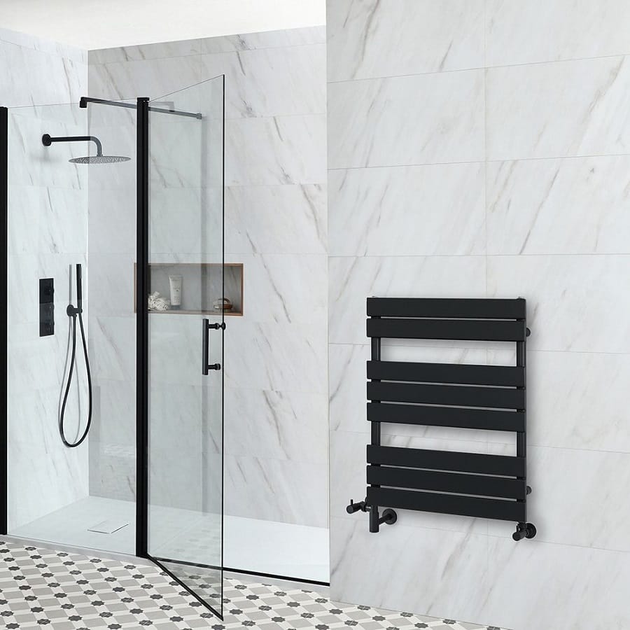 Milano Lustro dual fuel designer black flat panel heated towel rail in modern bathroom Milano Lustro dual fuel designer black flat panel heated towel rail in modern bathroom