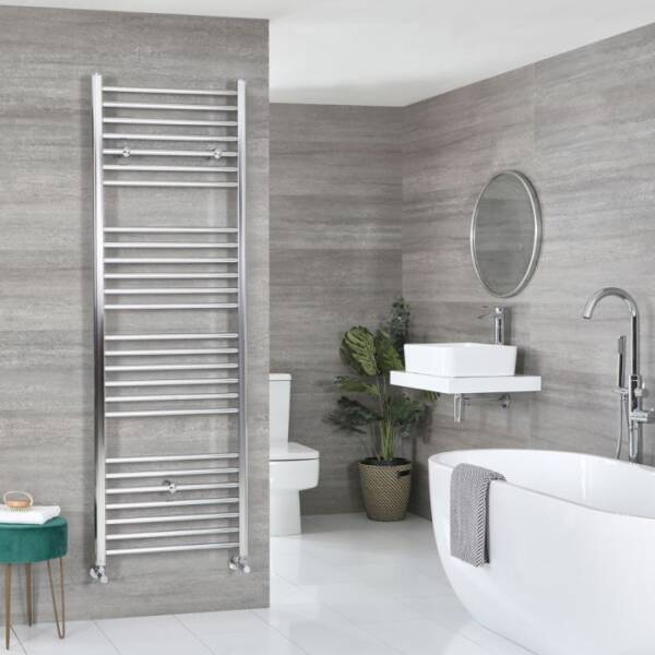Large ladder style Milano Kent heated towel rail in a bathroom Large ladder style Milano Kent heated towel rail in a bathroom