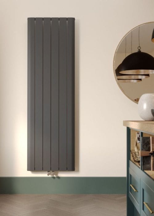 vertical aluminium radiator in a kitchen