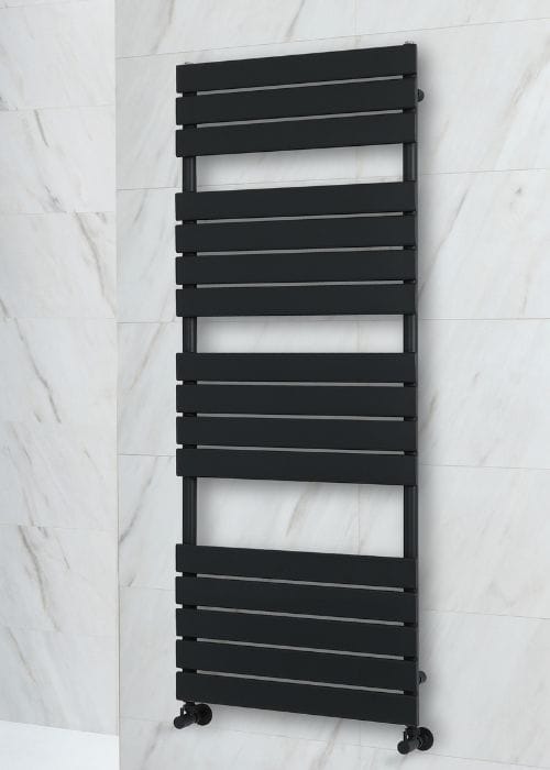 modern black heated towel rail on white wall