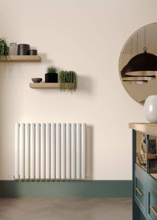 white electric radiator in a kitchen