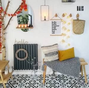 A grey designer radiator in a decorated hallway