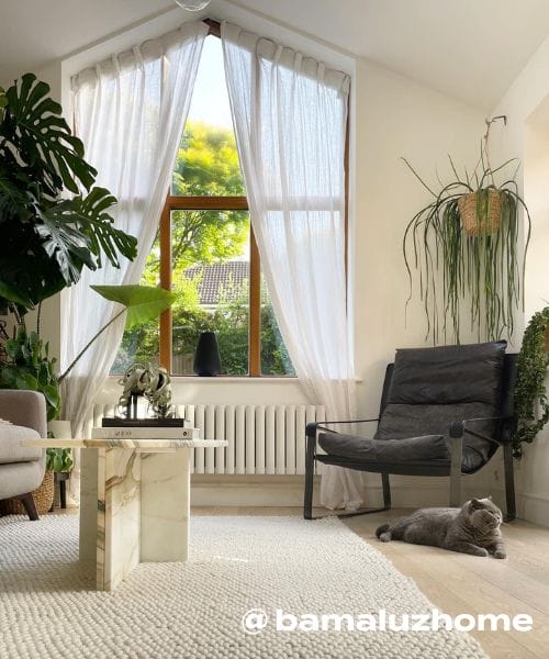 White low level modern radiator in busy living room with cat