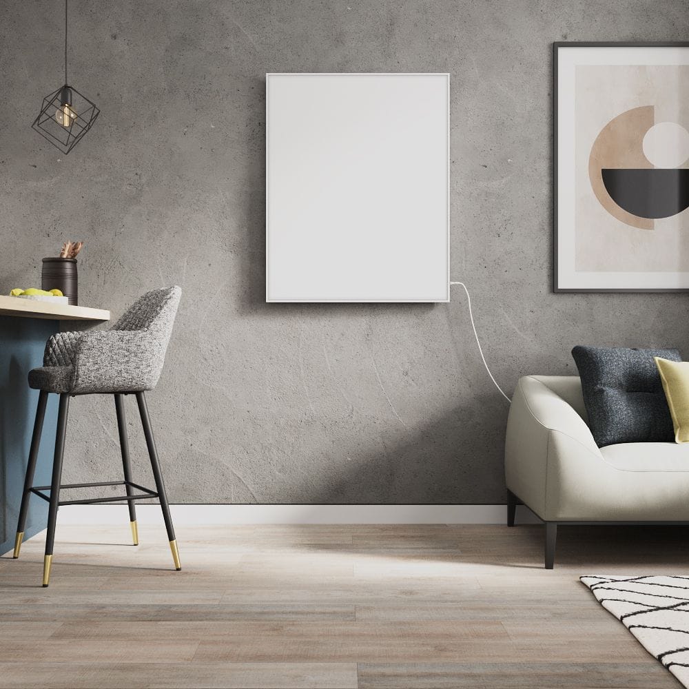 Milano Far white framed 800w plug-in smart electric infrared panel heater Milano Far white framed 800w plug-in smart electric infrared panel heater on grey background in modern home