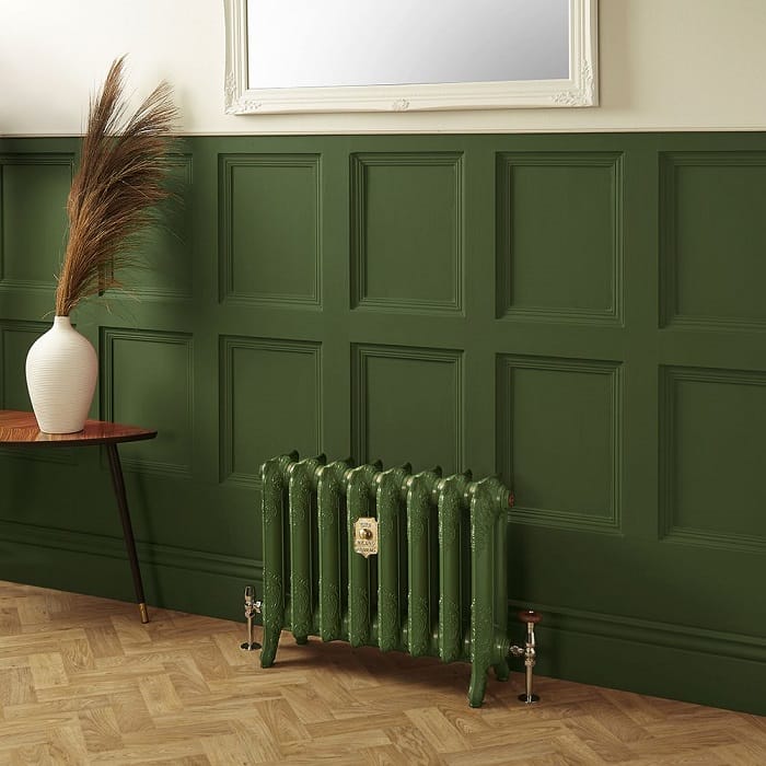 Milano Beatrix 2 Column Cast Iron Radiator in Farrow & Ball Duck Green Milano Beatrix 2 Column Cast Iron Radiator in Farrow & Ball Duck Green