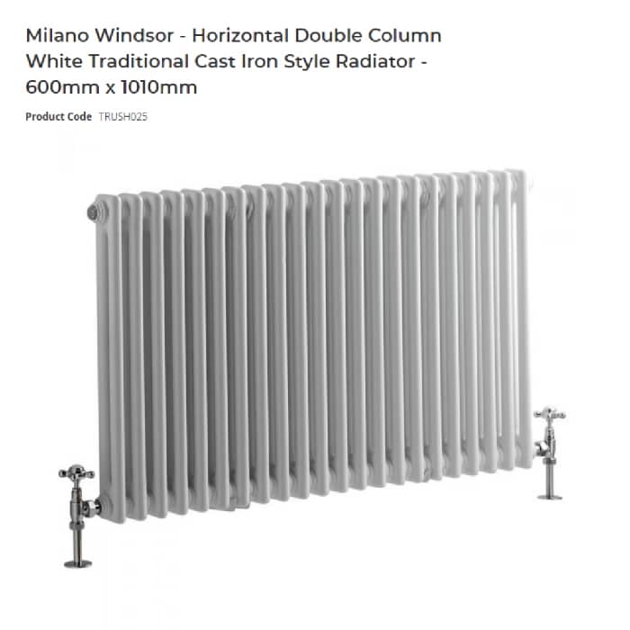 Milano Windsor - Horizontal Double Column White Traditional Cast Iron Style Radiator - 600mm x 1010mm Milano Windsor Horizontal Double Column White Traditional Cast Iron Radiator