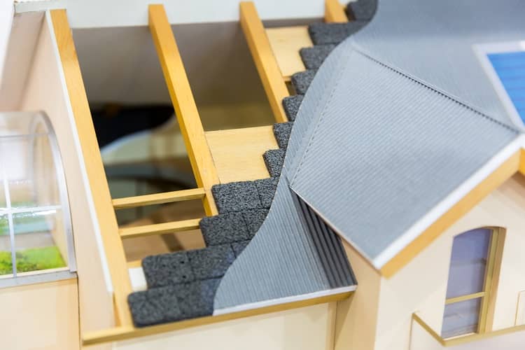 Model of house, thermal insulation of roof concept. Energy and money saving materials and systems