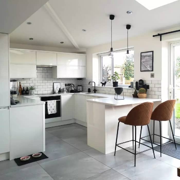 modern white kitchen with two bar stools