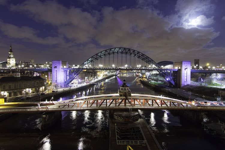 Swing bridge and Tyne bridge at night, Newcastle, UK