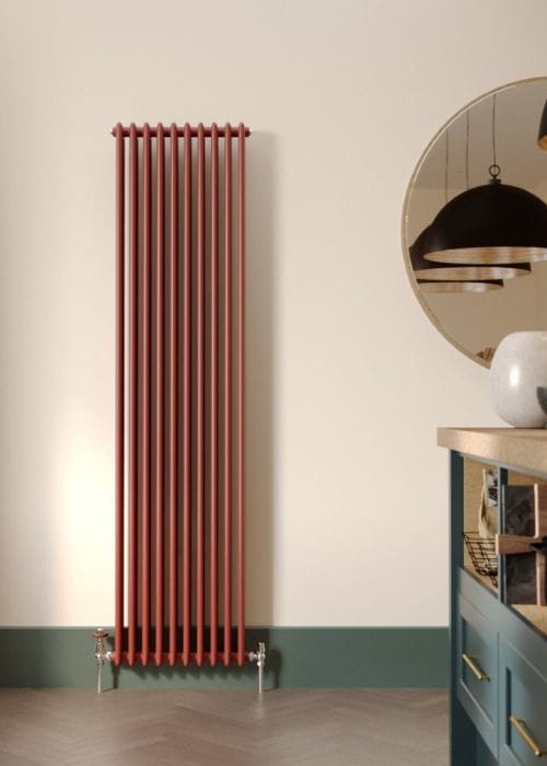 red vertical milano windsor radiator in a hallway