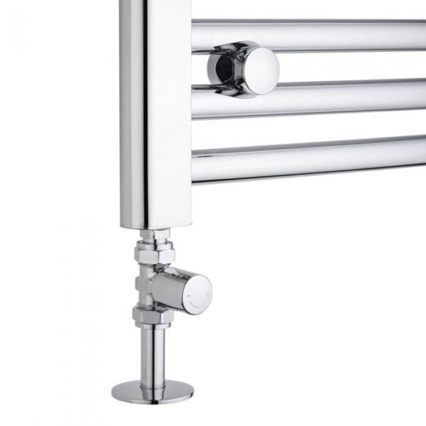 straight radiator valves on a heated towel rail