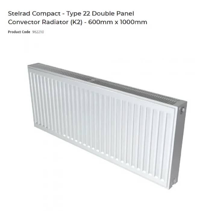 Stelrad Compact - Type 22 Double Panel Convector Radiator (K2) - 600mm x 1000mm Stelrad Compact - Type 22 Double Panel Convector Radiator (K2) - 600mm x 1000mm